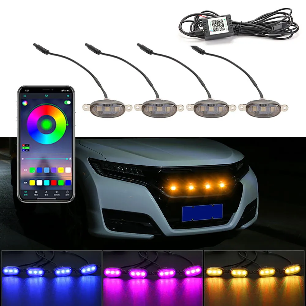 Running Gear Accessories - LEDカーフロントグリルライト、ユニバーサルデイランニングライト、rgbアプリ制御、中央グリッド警告灯、外部アクセサリー