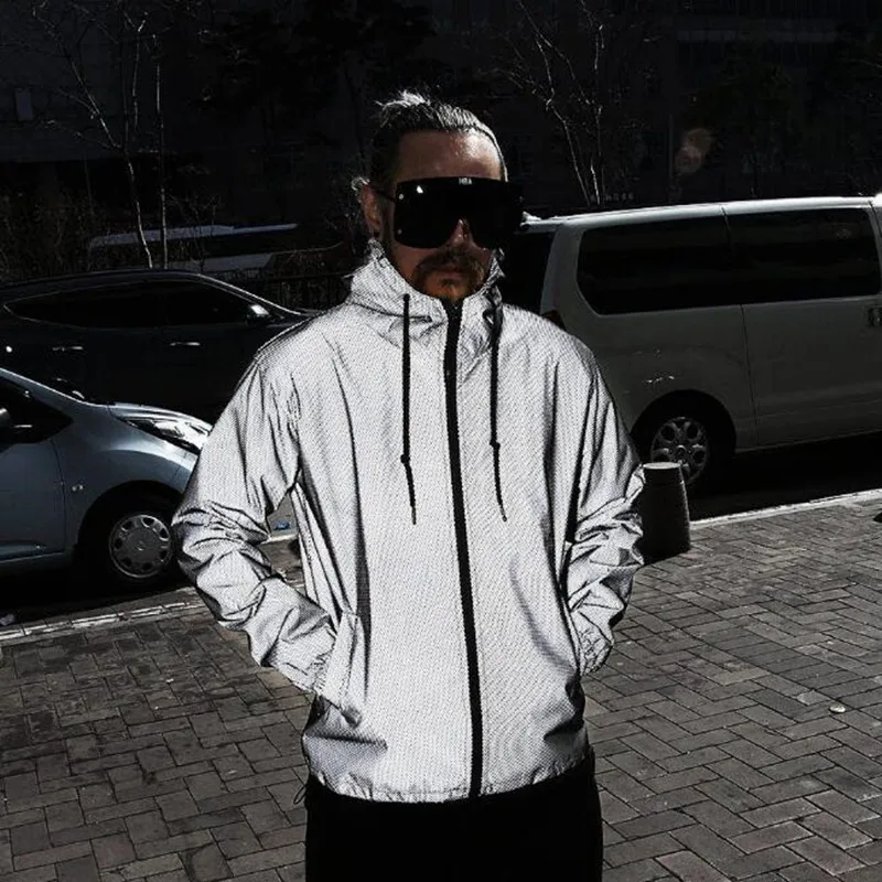 Reflective Running Jacket - メンズ完全反射ウインドブレーカー、フード付きジャケット、カジュアルベースボールウェア、メッシュ、ストリートヒップホップ、カップル、ナイトタイム、新しい