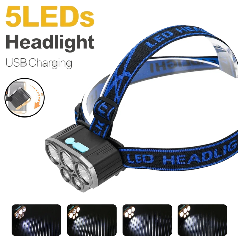 充電式 5 LED ヘッドライト超高輝度強力防水ヘッド懐中電 - Running Headlamp Led のレビューと価格